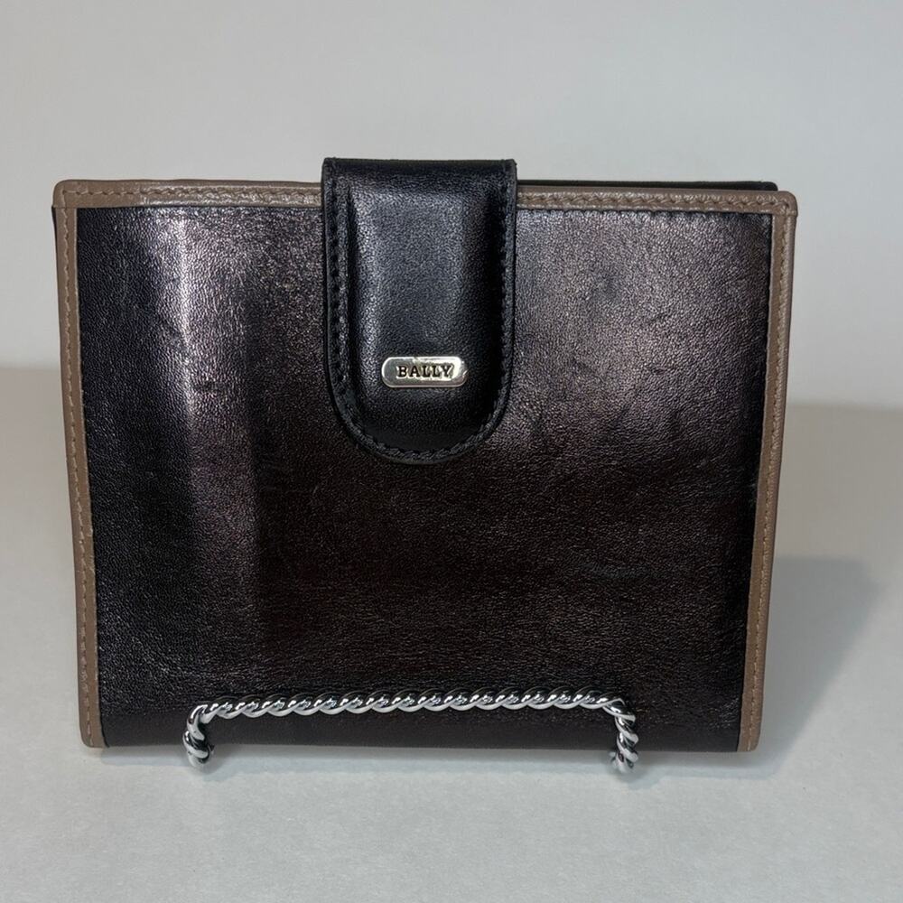 Bally black leather bifold wallet with brown trim